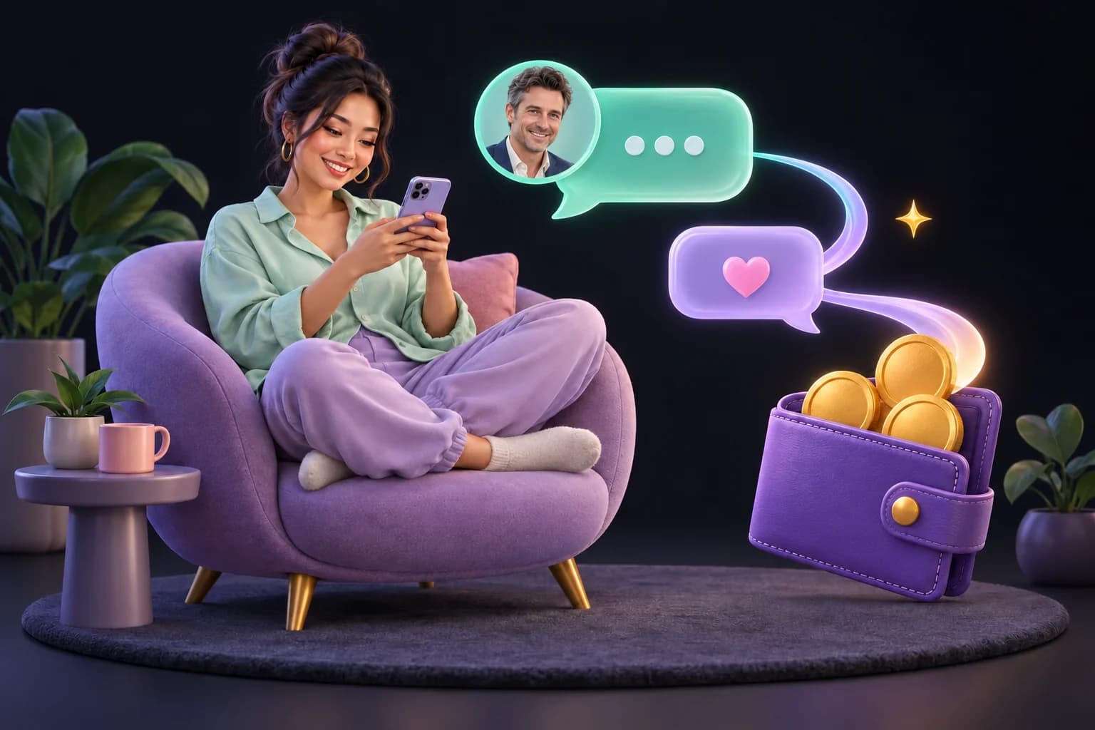 Illustration d’une femme assise dans un fauteuil qui écrit des messages sur son téléphone, à côté de bulles de discussion, d’un portrait d’homme et d’un portefeuille contenant des pièces d’or.
