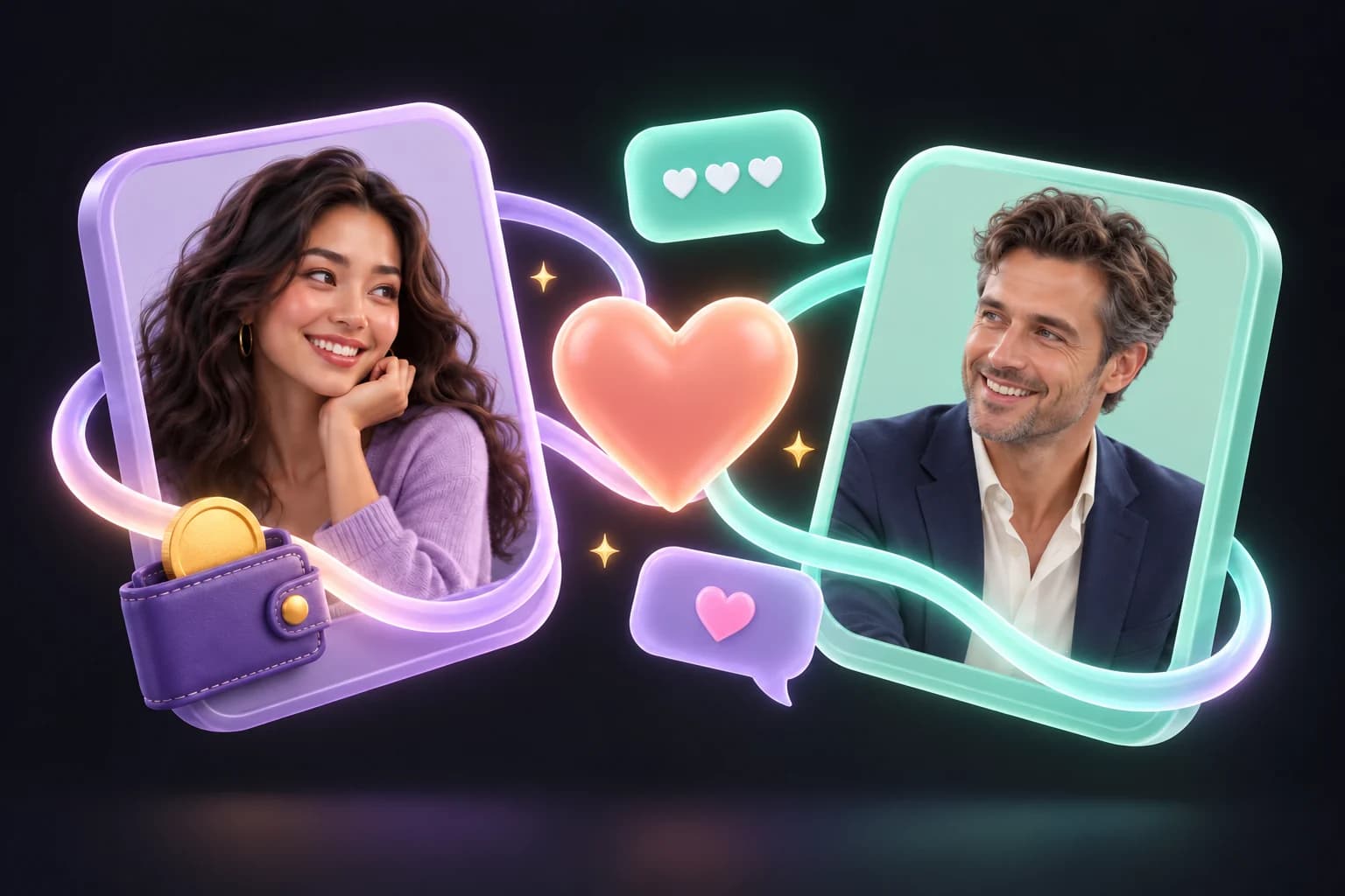 Illustration d’une femme et d’un homme dans des cartes de profil reliées entre elles, avec des cœurs, des bulles de discussion et une pièce dans un portefeuille.