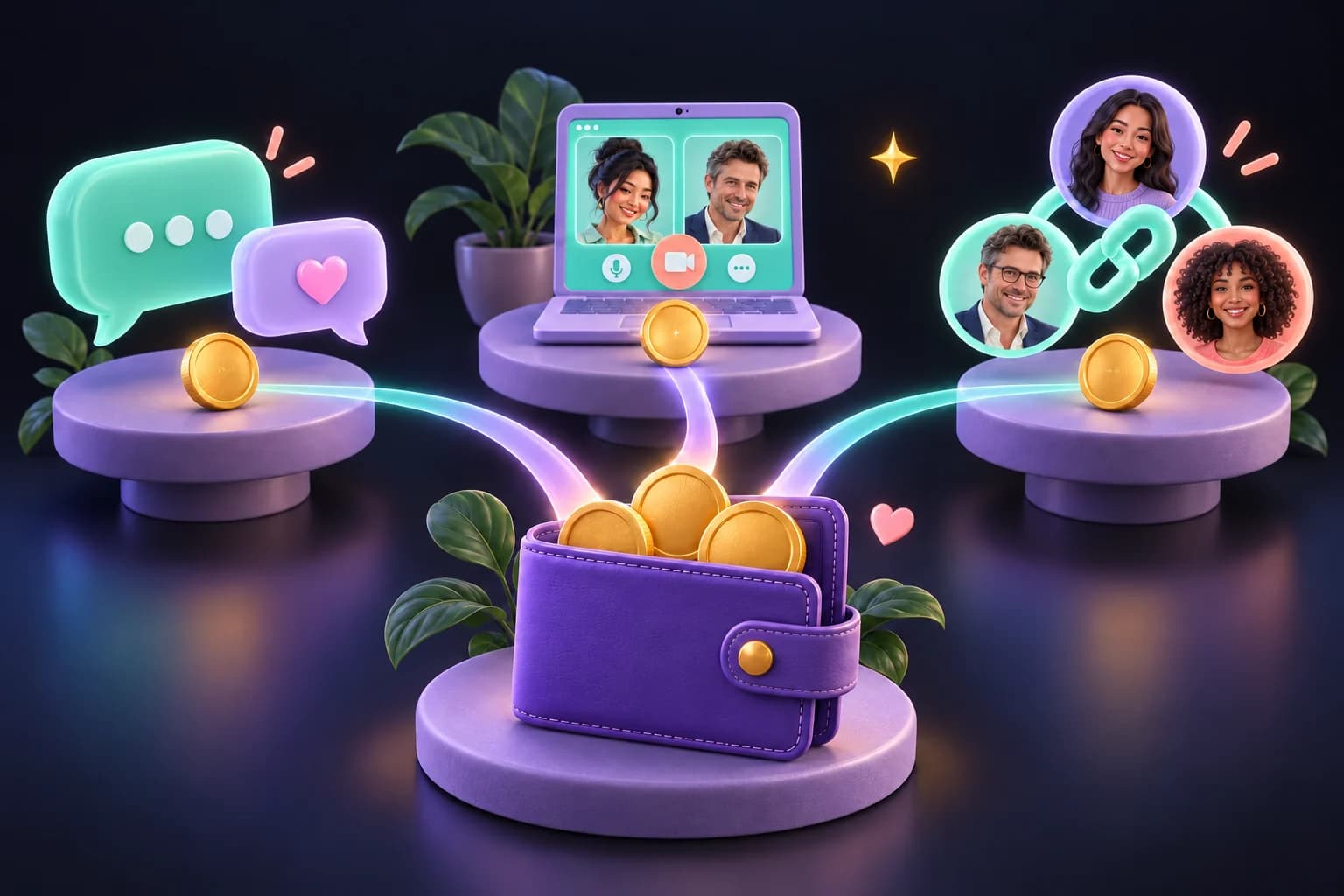 Illustration de bulles de discussion, d’un appel vidéo sur ordinateur portable et de portraits d’adultes reliés par des chemins lumineux à un portefeuille contenant des pièces d’or.