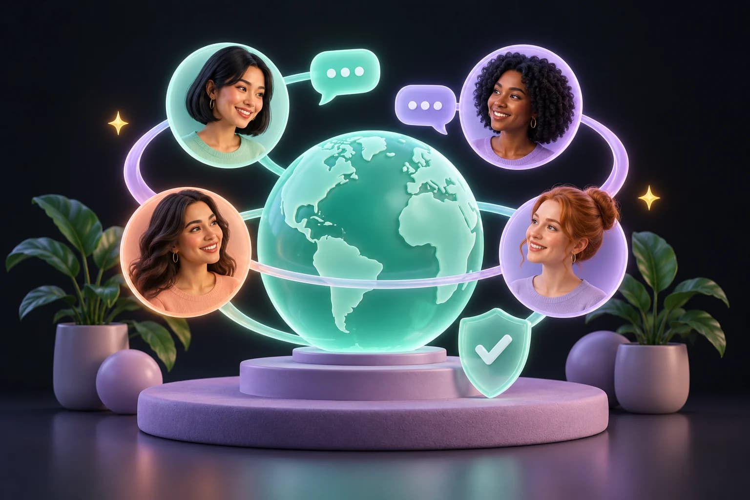 Ilustração de quatro mulheres em retratos circulares conectados em volta de um globo, com balões de conversa e um escudo com um sinal de visto.