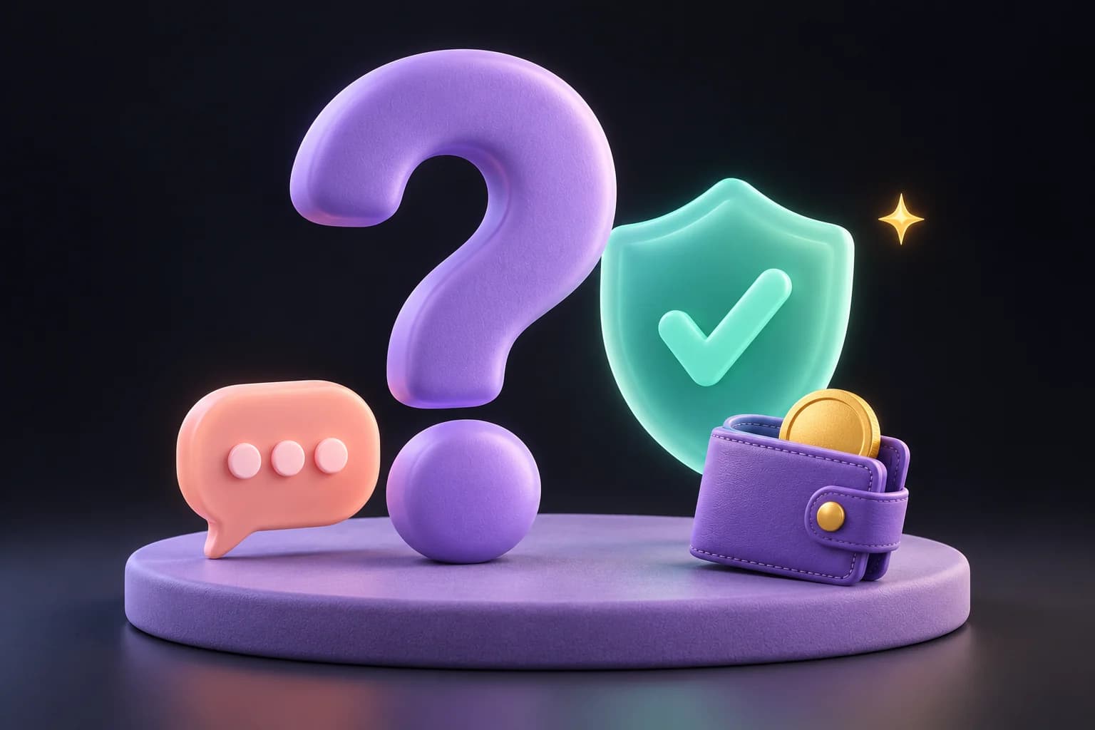 Point d’interrogation en trois dimensions à côté d’une bulle de discussion, d’un bouclier avec une coche et d’un portefeuille contenant une pièce d’or.