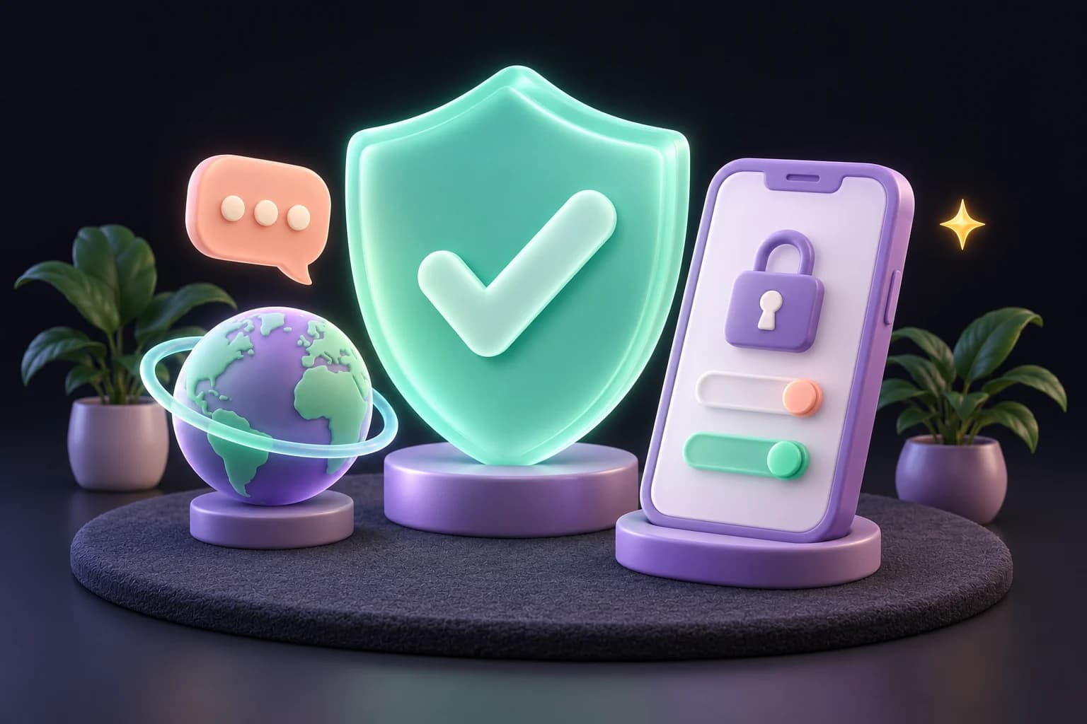 Bouclier en trois dimensions avec une coche, à côté d’un globe, d’une bulle de discussion et d’un téléphone affichant un cadenas et des interrupteurs.