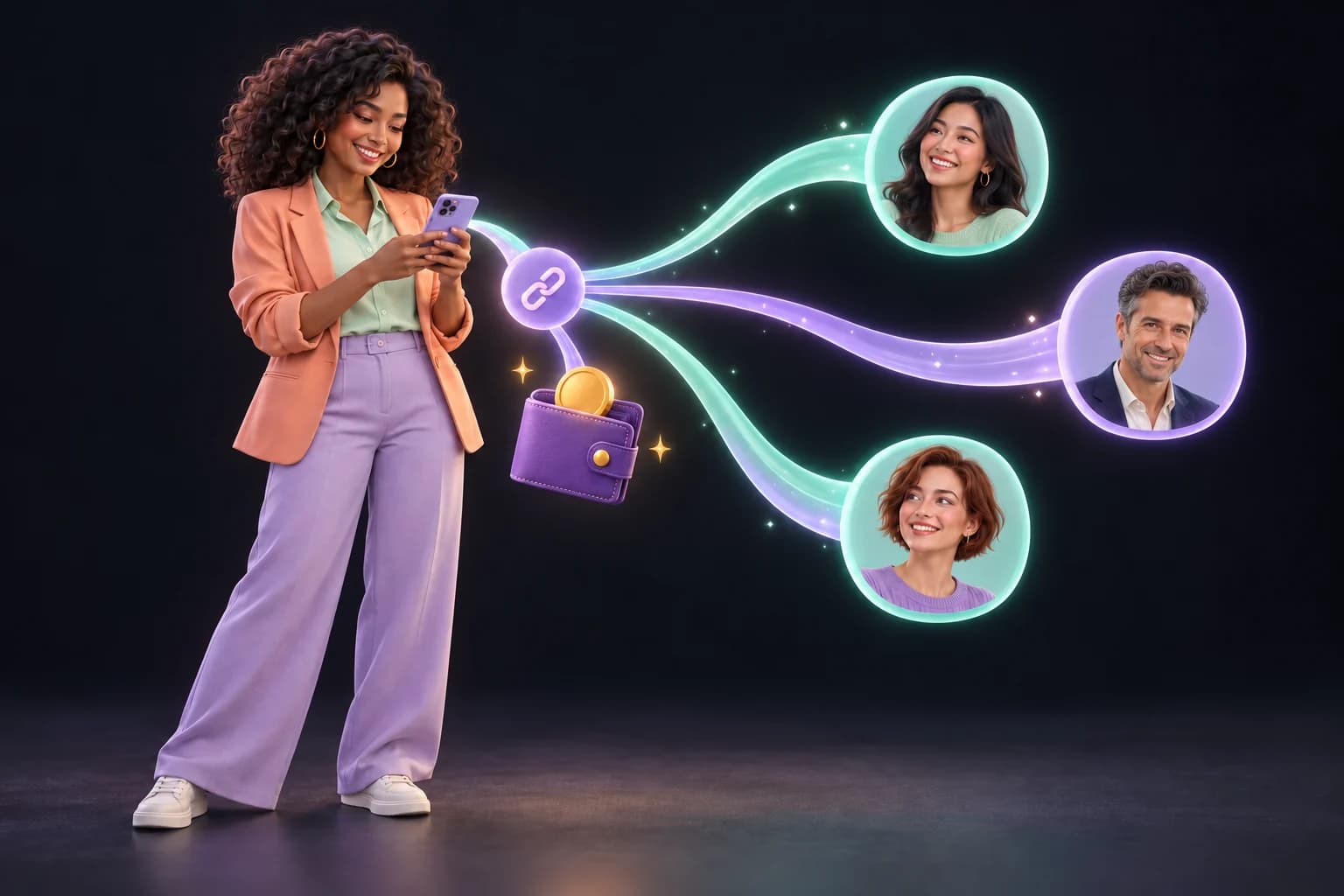 Illustration d’une femme utilisant son téléphone, reliée à trois portraits d’adultes par un symbole de lien, à côté d’un portefeuille et d’une pièce d’or.