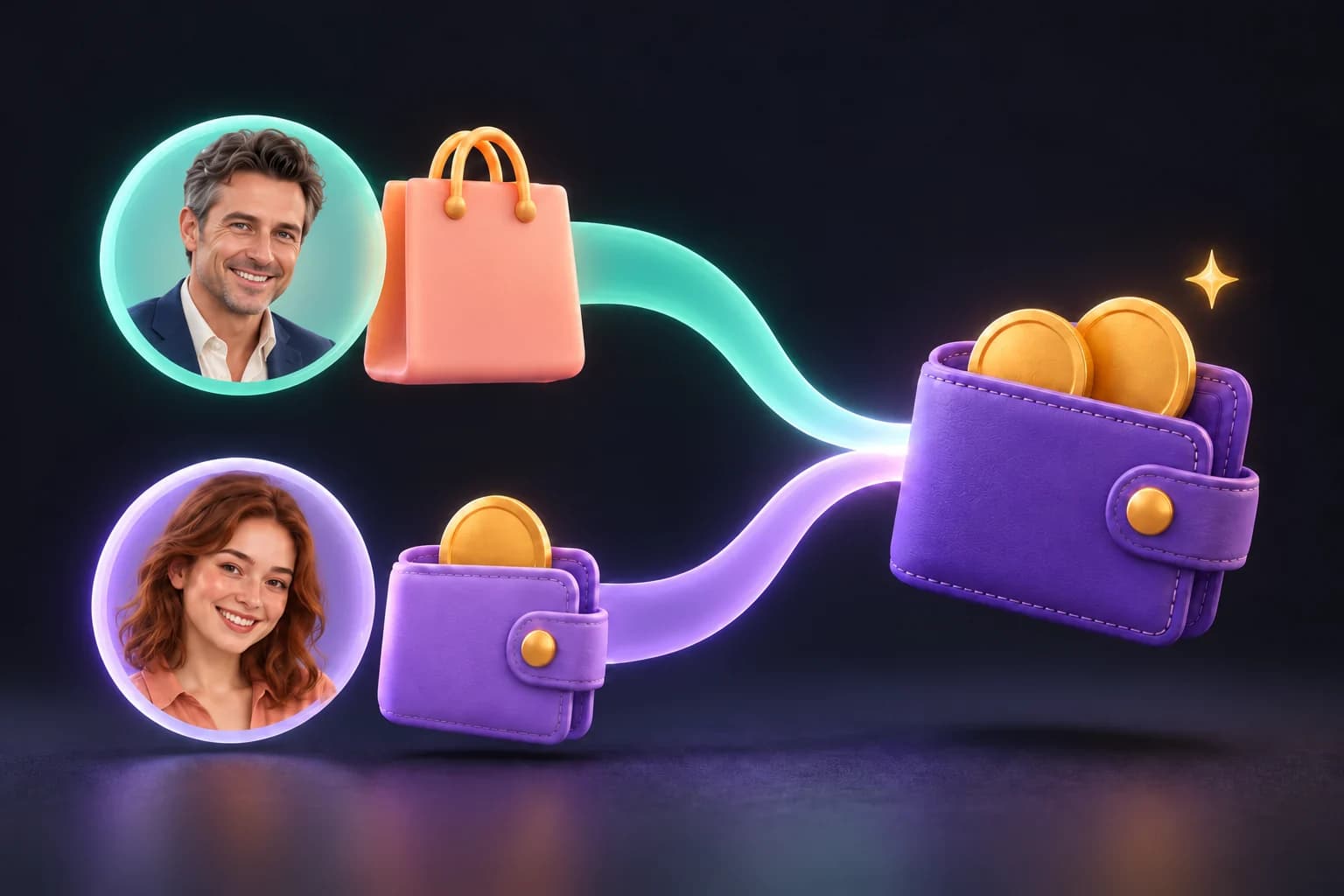 Illustration d’un homme à côté d’un sac de shopping et d’une femme à côté d’un portefeuille, tous deux reliés à un portefeuille plus grand contenant des pièces d’or.