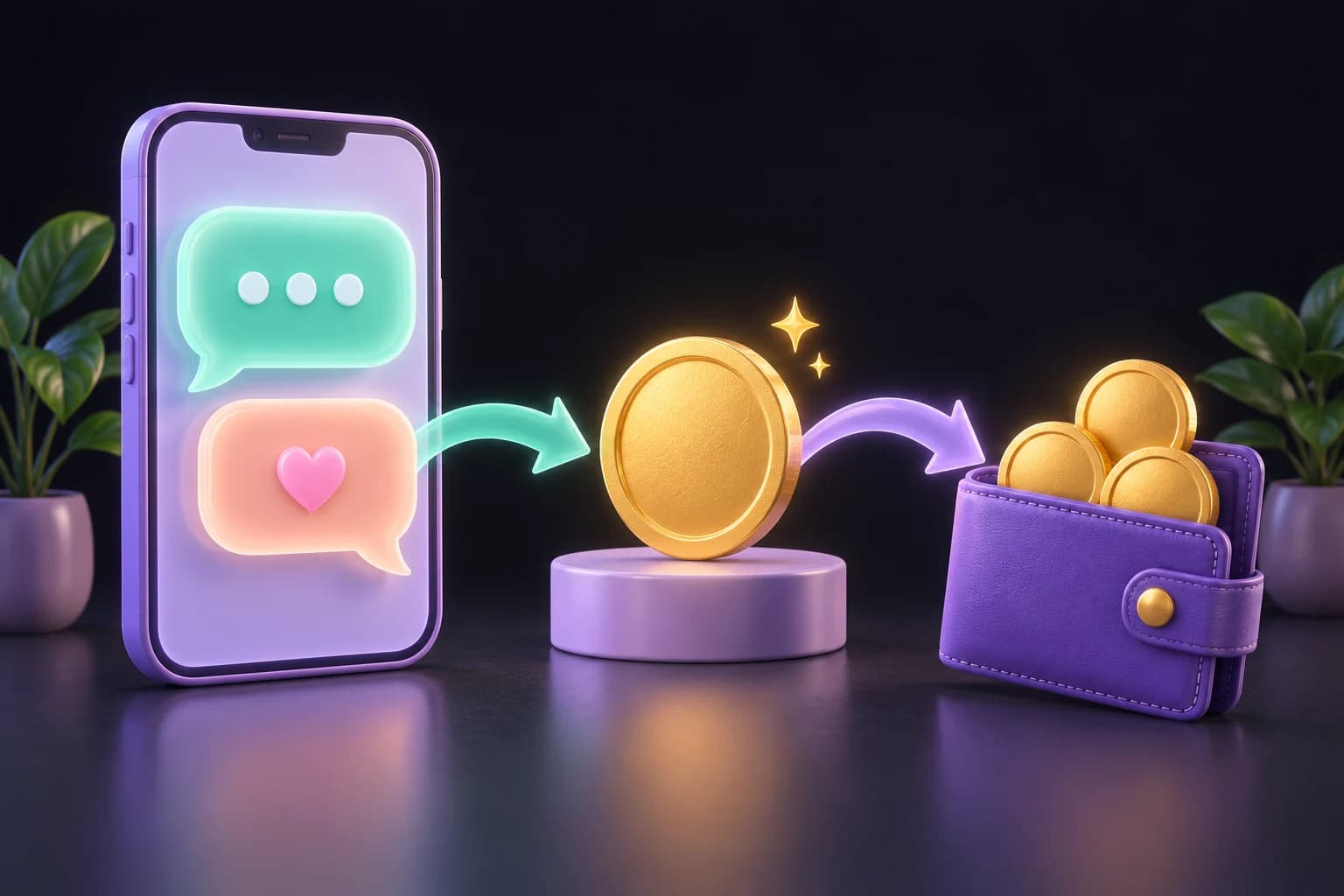 Celular tridimensional com balões de conversa e setas que passam por uma moeda dourada até uma carteira cheia de moedas.