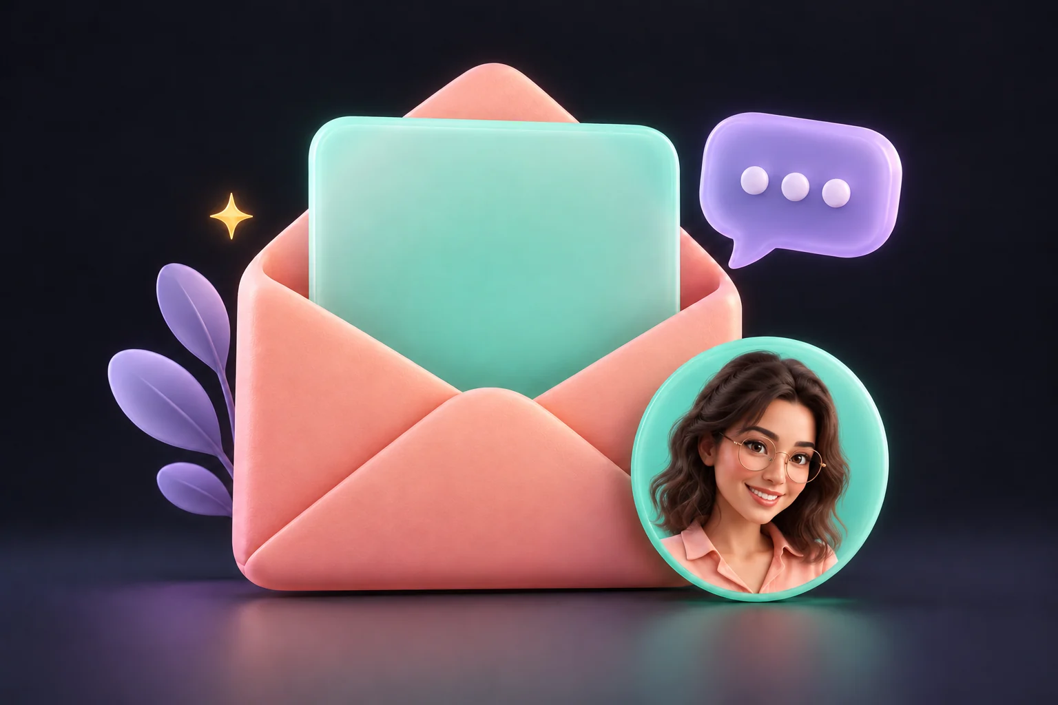 Enveloppe en trois dimensions avec une note vierge, une bulle de discussion et le portrait d’une femme souriante qui porte des lunettes.
